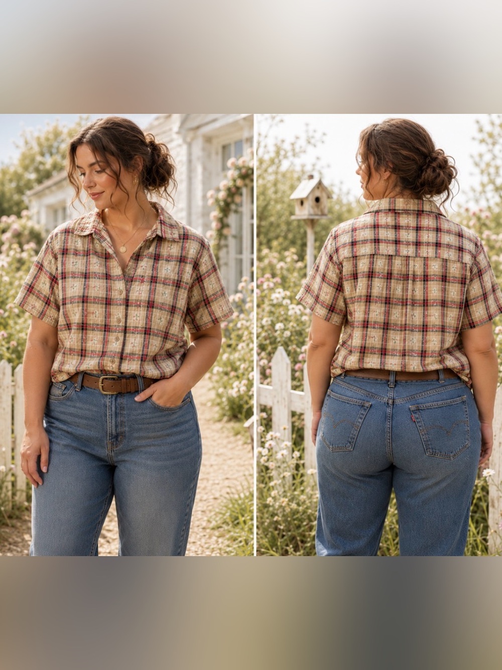 Vintage Beige Plaid Short Sleeve Cotton Button-Down Embroidered Shirt 16/18 W